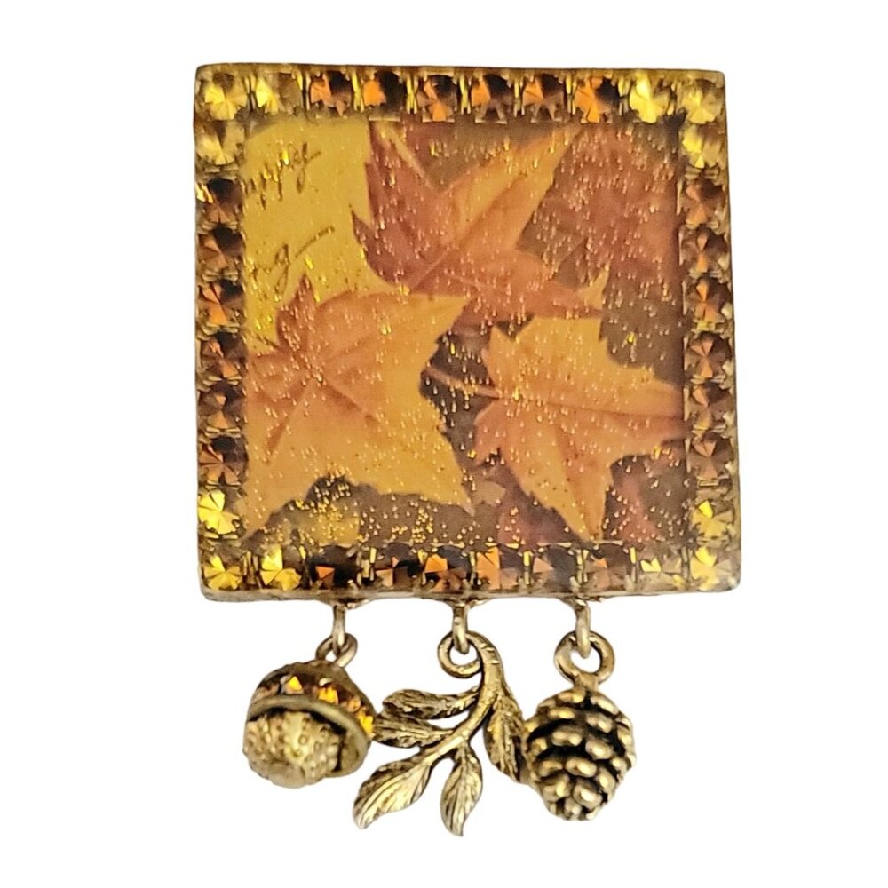 Maximal Art Square Resin Maple Leaf, Rhinestone Dangle Brooch Pin, Signed M194